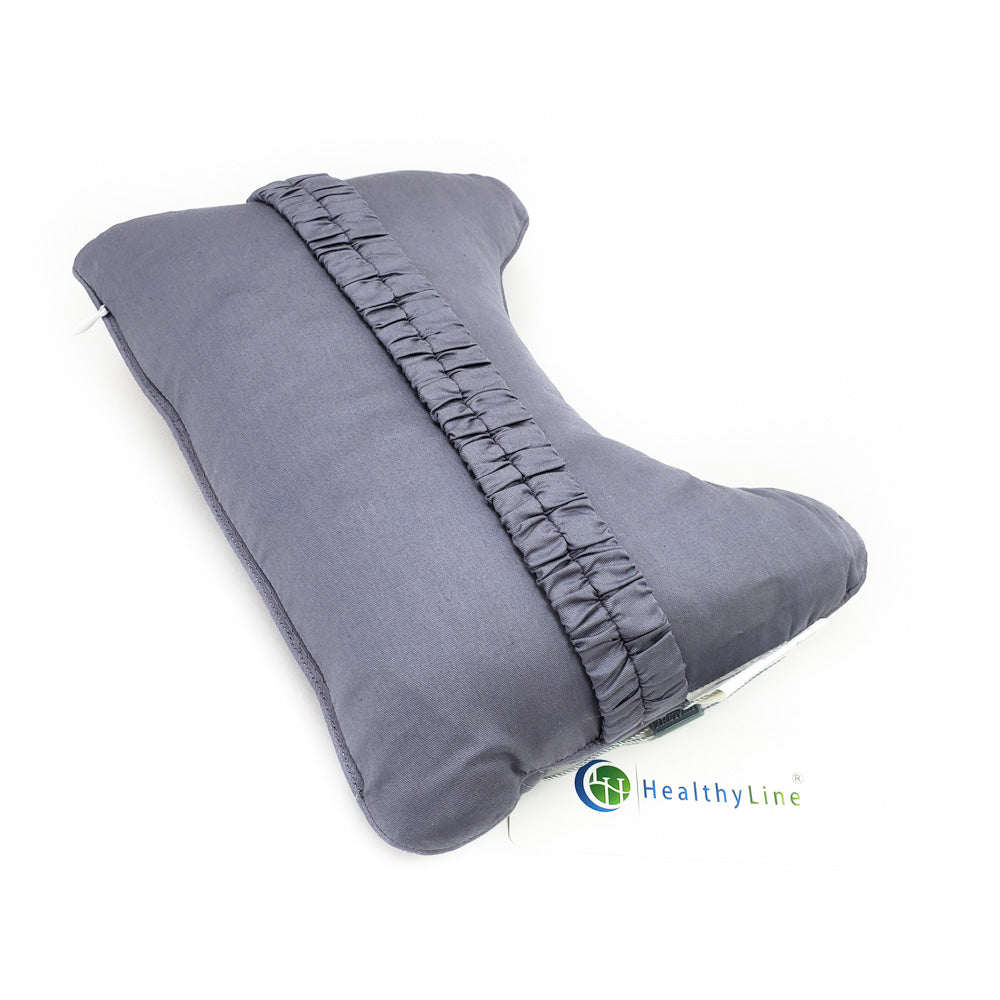 The Travel AJ Magnetic Pillow Firm InfraMat Pro® by HealthyLine, displayed on a white background, is a gray contoured neck support pillow with a ruffled central strap and ergonomic design featuring magnetic stimulation for enhanced comfort.
