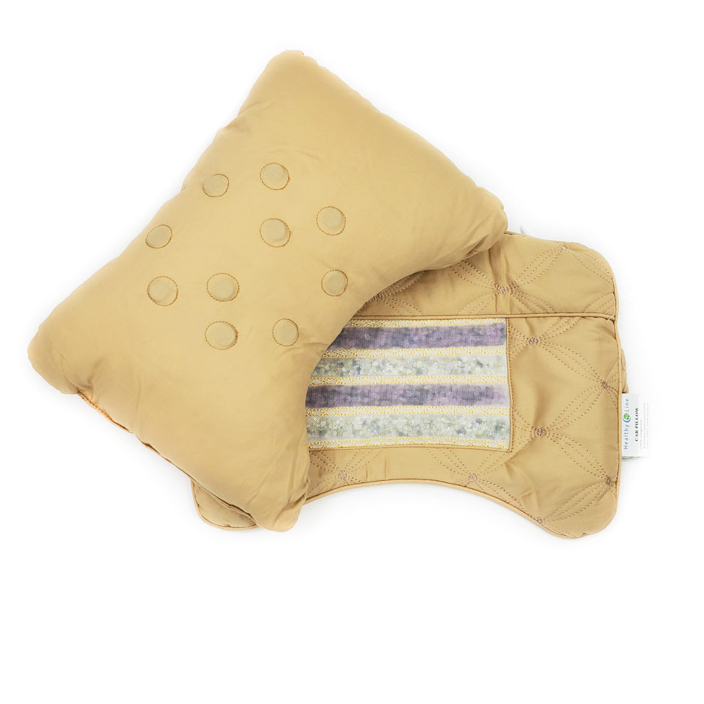 The Travel AJ Magnetic Pillow Firm InfraMat Pro® by HealthyLine is a tan therapeutic neck pillow set with an open flap revealing a textured inner layer of horizontal colored stripes, round surface indentations, and a quilted design enhanced with natural gemstones for added comfort.