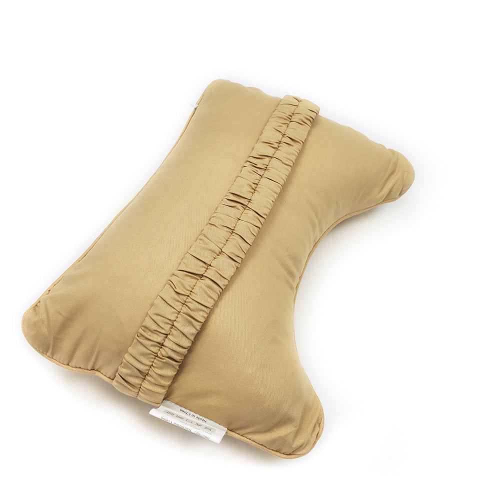 The Travel AJ Magnetic Pillow Firm InfraMat Pro® by HealthyLine is a beige, bone-shaped neck support pillow with a central elastic band on a white background. Attached tags highlight its promise of ultimate travel comfort.