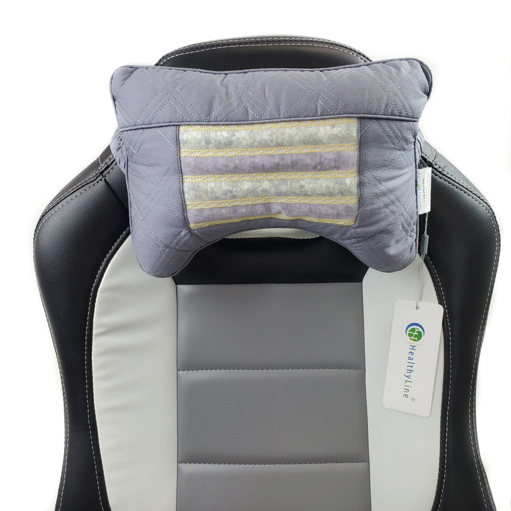 The Travel AJ Magnetic Pillow Firm InfraMat Pro® by HealthyLine is a gray and white office chair pillow offering a translucent center panel for neck support. Branded with HealthyLine's logo, it combines comfort with style for an ergonomic seating experience.
