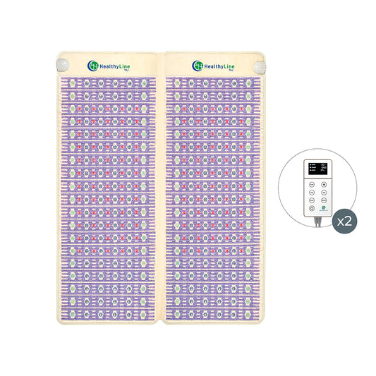 The image showcases a HealthyLine TAJ-Mat™ Queen 8060 Firm - Photon PEMF Split Inframat Pro®, featuring a vibrant purple design, dual digital displays for precise control, far infrared heat, and PEMF therapy for optimal wellness benefits.