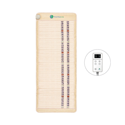 The HealthLine SOFT-Mat™ Full Short 6024 InfraMat Pro® is a rectangular beige heating pad featuring visible stone inserts, likely gemstones. It includes a separate digital control panel with buttons and a small screen to the right of the far infrared heat device.