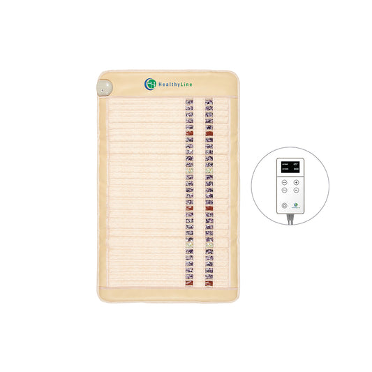 The SOFT Mat Medium 4024 InfraMat Pro® by HealthyLine is a beige rectangular heated gemstone mat, featuring multiple rows of embedded stones including amethyst. It includes a control unit with a digital display and adjustment buttons. The brand name "HealthyLine" is prominently displayed on the top left corner, ensuring both quality and elegance.