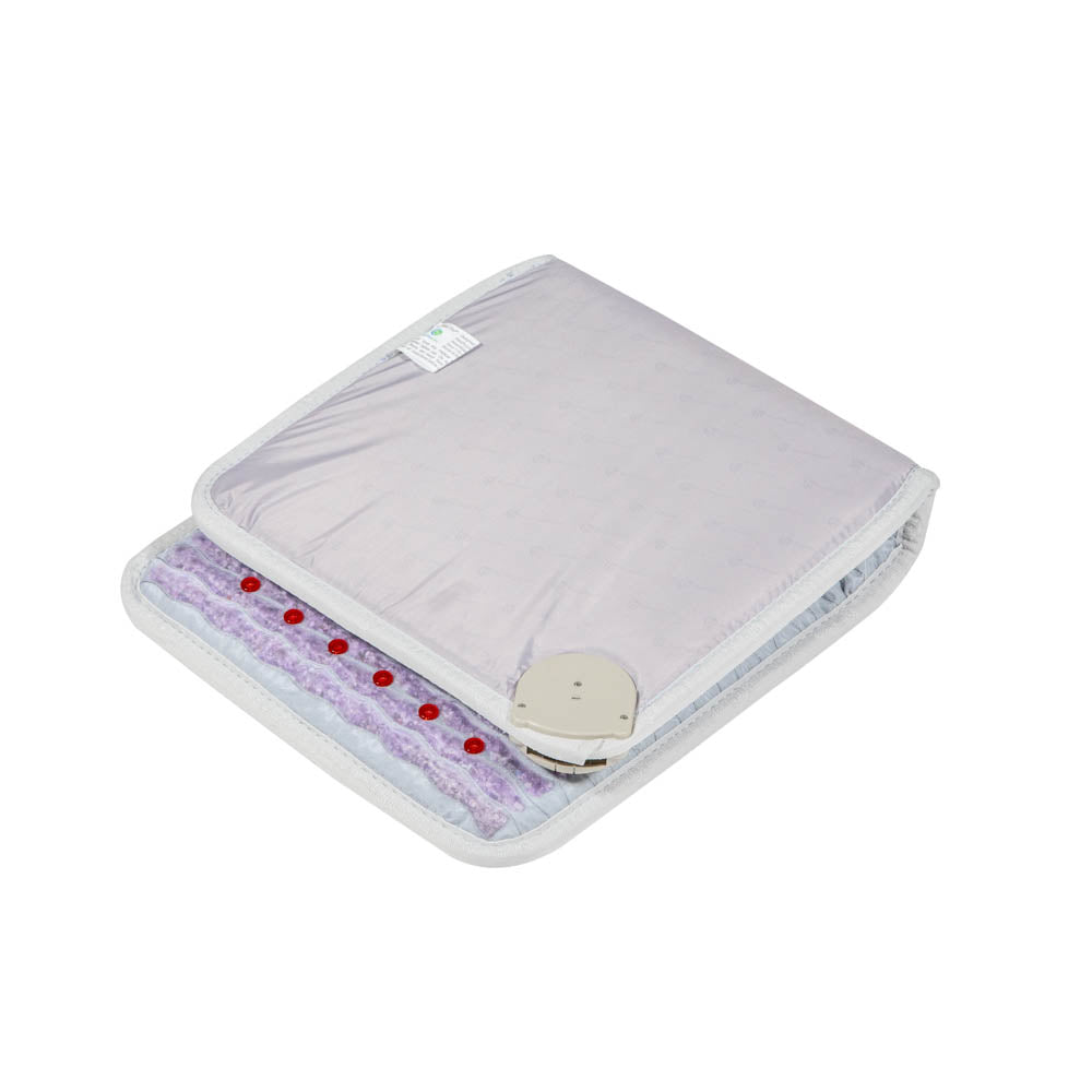 The HealthyLine Platinum-Mat™ InfraMat Pro® Chair 4018 Firm - Photon Advanced PEMF features a soft light purple cover with white trim, an attached control module, and visible red stones along the inner edge.