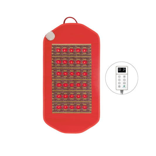 The Photon PEMF InfraMat Pro® Amethyst Pad Medium 3618 Soft by HealthyLine features multiple red LED lights arranged in rows to provide soothing infrared therapy. Accompanied by a white remote control with an LCD screen and several buttons, it allows you to customize your PEMF therapy experience effortlessly.