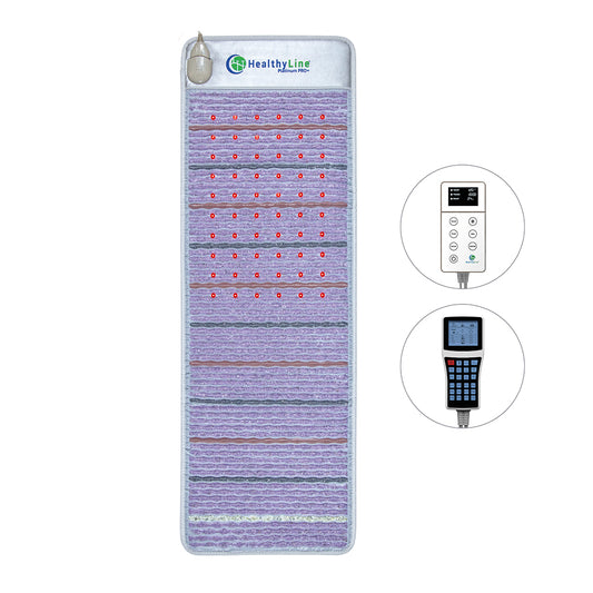 The Platinum Mat™ Full 7224 Firm - Photon Advanced PEMF InfraMat Pro® by HealthyLine is a rectangular, light purple heating mat that features rows of embedded red lights for gemstone heat therapy. It includes two circular insets displaying remote controllers: one with a digital interface comprising buttons and a display, while the other offers a simpler design. The brand logo of HealthyLine is elegantly placed in the top left corner.