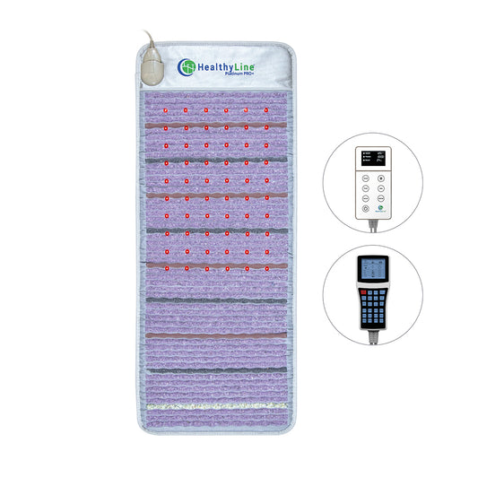 The HealthyLine Platinum Mat Full Short 6024 features 30 Photon LEDs, advanced customizable PEMF, and two digital controllers displayed on the right side.