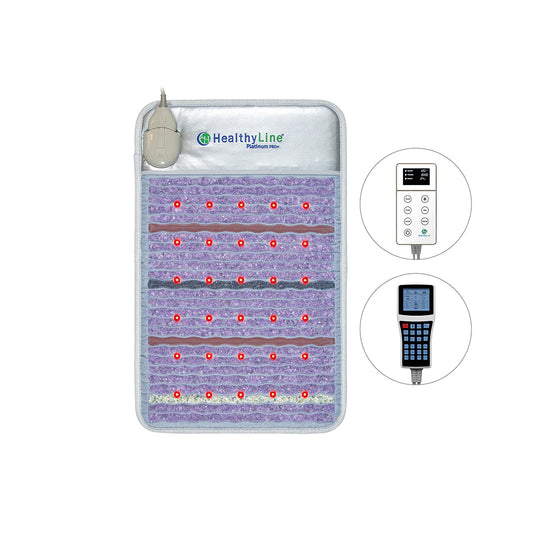 The Platinum Mat™ Medium 3220 Firm - Photon Advanced PEMF InfraMat Pro® by HealthyLine features innovative infrared heating with purple crystal strips, photon lights, and embedded red lights. The product also includes two remote controls on the side with multiple buttons and digital displays, providing unmatched comfort and advanced technology.