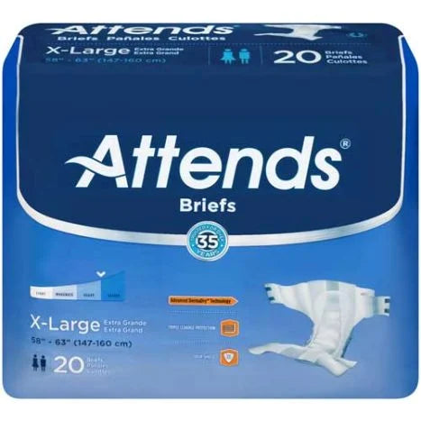 Package of Original Attends Briefs With Tabs by Attends, size X-Large (58"-63" or 147-160 cm), with heavy absorbency. Features a blue background and brief illustration, highlighting "Advanced DermaDry Technology" for dryness and comfort. Contains 20 briefs per pack.