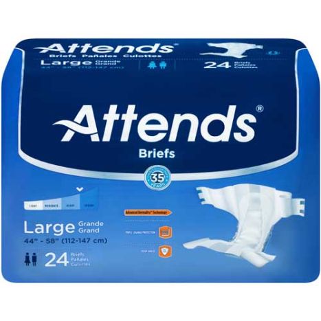 Package of Original Attends Briefs With Tabs, size Large, fits 44"-58" (112-147 cm) waists and contains 24 briefs. The blue design offers heavy absorbency with "Max Dry" technology for optimal incontinence protection, featuring a brief illustration and related icons.
