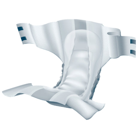 Image of an Original Attends Briefs With Tabs, featuring incontinence protection with adjustable side tabs for a contoured fit. This white diaper has light blue accents, a soft padded interior, and is designed by Attends for heavy absorbency, shown open and ready for use.