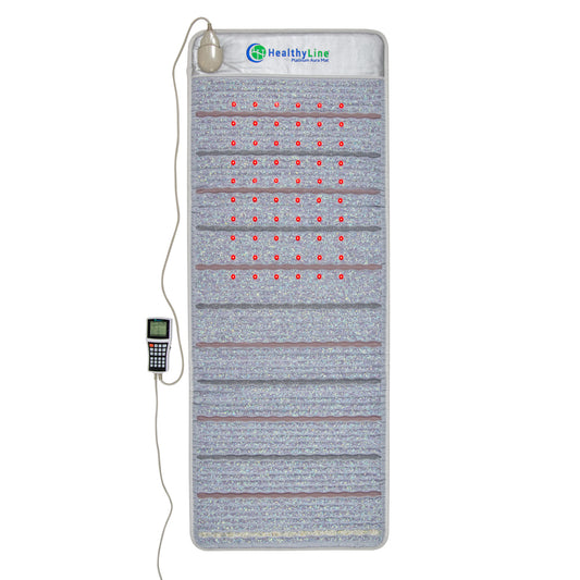 The Platinum Aura Mat Full Pro PLUS 7428 Firm by HealthyLine is an infrared heating mat with red light therapy nodes and Amethyst aura gemstones. It includes a control device, power cord, and is designed in a rectangle for therapeutic use.