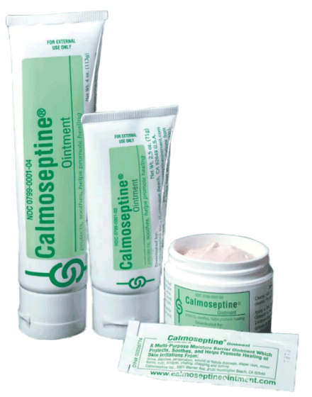 A Calmoseptine Ointment image shows a white tube, open jar with pink ointment, and a sachet, all with green labels. Enriched with zinc oxide, this external-use product by Calmoseptine aids effective skin healing.