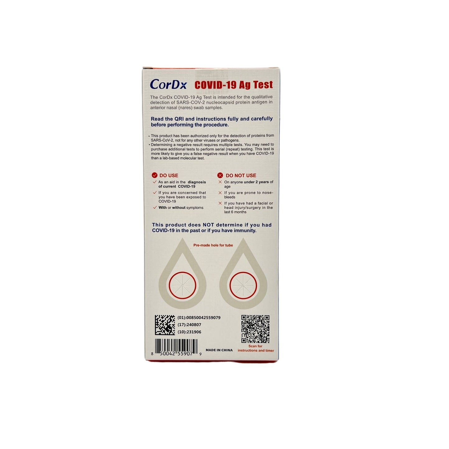 Back of the CorDx COVID-19 At-Home Test box by Unite Medical, featuring instructions, warnings, a barcode, and illustrations for proper sample placement. Not for past infection detection. Provides results at home in minutes. FDA & EUA authorized. Made in China.