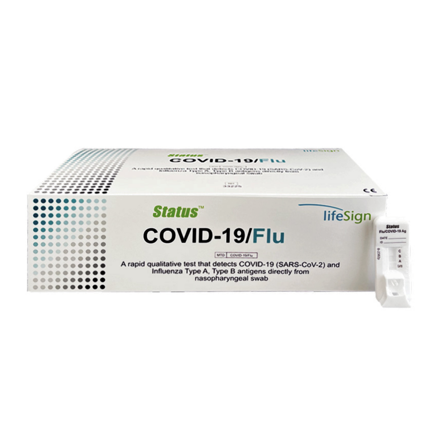 A box labeled STATUS™ COVID-19/FLU A&B TESTS by Unite Medical is shown with an upright test cassette. This point-of-care kit detects COVID-19 and flu A&B antigens from swab samples for fast, reliable results.