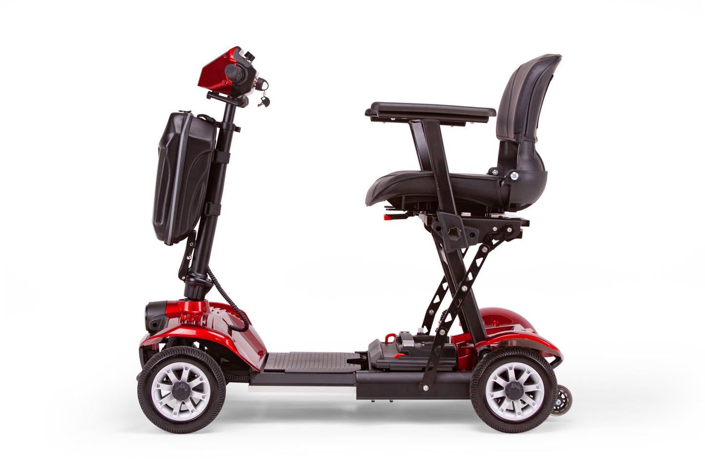 The E-Wheels EW-26 Folding Scooter is a red four-wheel scooter with a black cushioned seat, armrests, handlebars, and battery pack, shown side view on white—perfect for travel comfort and convenience.