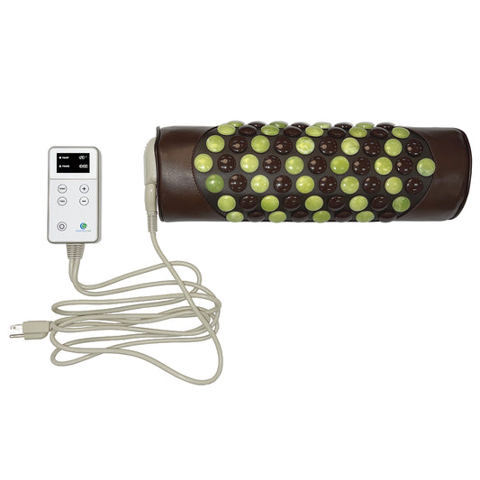 The Pebble JT Bolster Firm InfraMat Pro® by HealthyLine is a cylindrical massage device equipped with green and brown jade and tourmaline gemstones on its surface. It features a wired remote control with a display screen and multiple buttons, utilizing far-infrared rays for muscle relaxation and pain relief.