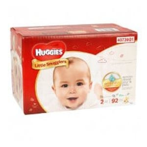 A red and white box of McKesson Huggies Little Snugglers Baby Diapers, size 2, for sensitive skin features a smiling baby on the front and contains 92 diapers.
