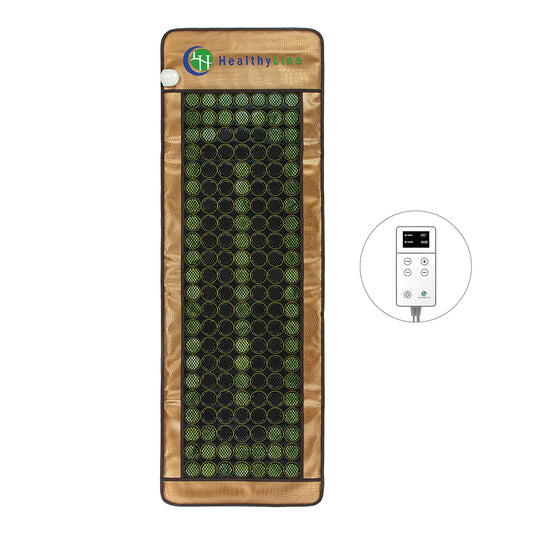A Mesh JT Mat Full 7224 Flexible InfraMat Pro® with a hexagonal pattern features jade and tourmaline, boasting a brown and green design with the "HealthyLine" logo prominently displayed. Accompanying it is a remote control equipped with a digital display and adjustable setting buttons.