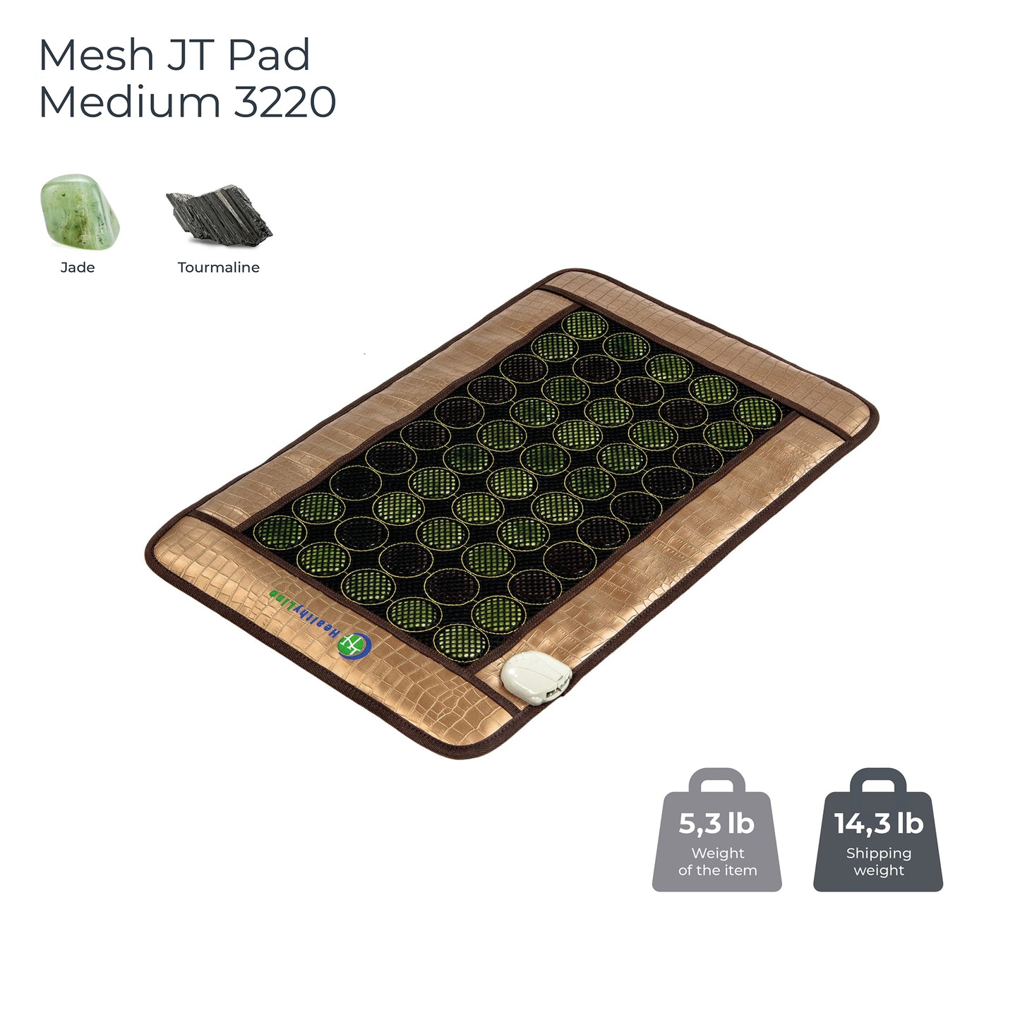 The HealthyLine Mesh JT Pad Medium 3220 Soft InfraMat Pro® has a brown border, black mesh surface, and green circular jade and tourmaline stones. Weighs 5.3 lb (shipping: 14.3 lb). Ideal as a heated jade and tourmaline therapy pad.