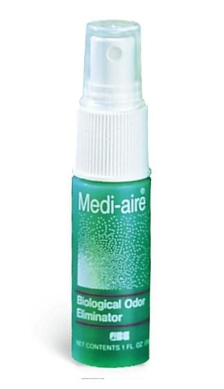 A small 1 fl oz spray bottle labeled "Medi-Aire Biological Odor Eliminator by Bard" with a white cap and green and white packaging. This Bard product removes incontinence odors for discreet, effective freshness.
