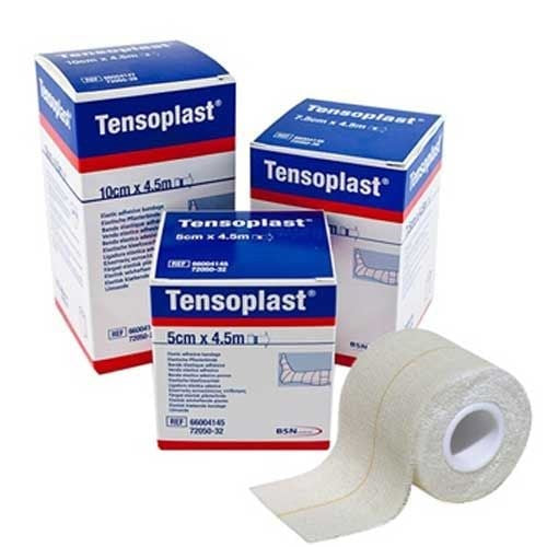 Three boxes labeled "BSN Tensoplast Elastic Adhesive Bandage" by BSN Medical and a partially unrolled roll are shown against a white background, with product sizes and compression bandage details visible on the packaging.