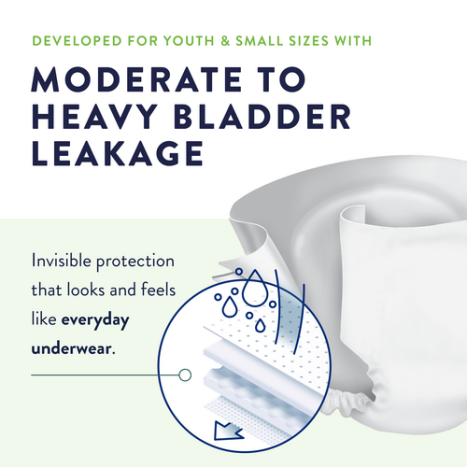 A marketing image for McKesson's Unisex Youth Incontinence Brief Prevail® Daily Briefs shows product layers with a water-resistant symbol, the text "Moderate to heavy bladder leakage," and highlights invisible, everyday protection in youth and small sizes.