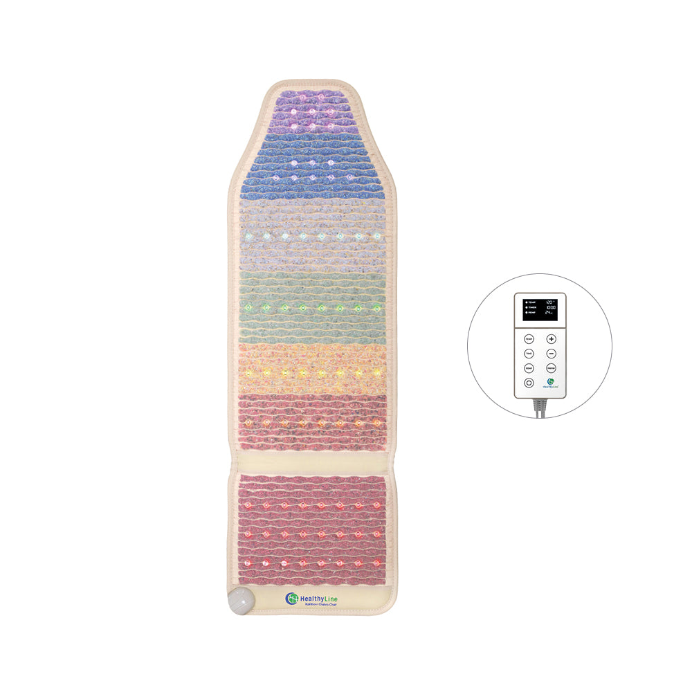 The HealthyLine Rainbow Chakra Mat™ Chair 5718 Firm - Photon PEMF Inframat Pro® is a pastel, quilted heated mat with an electronic controller—ideal for holistic wellness or as a calming Rainbow Chakra chair accessory.
