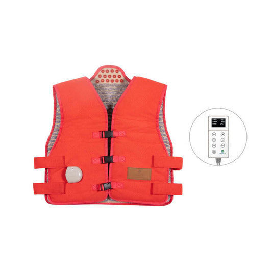 The Amethyst Vest Extra Large Soft - Photon PEMF InfraMat Pro® by HealthyLine is an eye-catching bright orange heated vest equipped with black buckles and straps, featuring a separate built-in digital controller on the right. This controller, which includes a display screen and buttons, allows for precise temperature adjustments using far infrared rays.