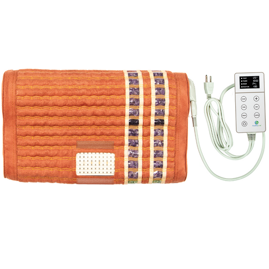 The TAO-Mat® Pillow Soft – Photon Matrix PEMF InfraMat Pro® by HealthyLine, featuring an orange color and textured fabric embedded with stones in a vertical pattern, serves as a heated gemstone pillow ideal for neck pain relief. It includes a digital control panel with an attached cable for easy use.