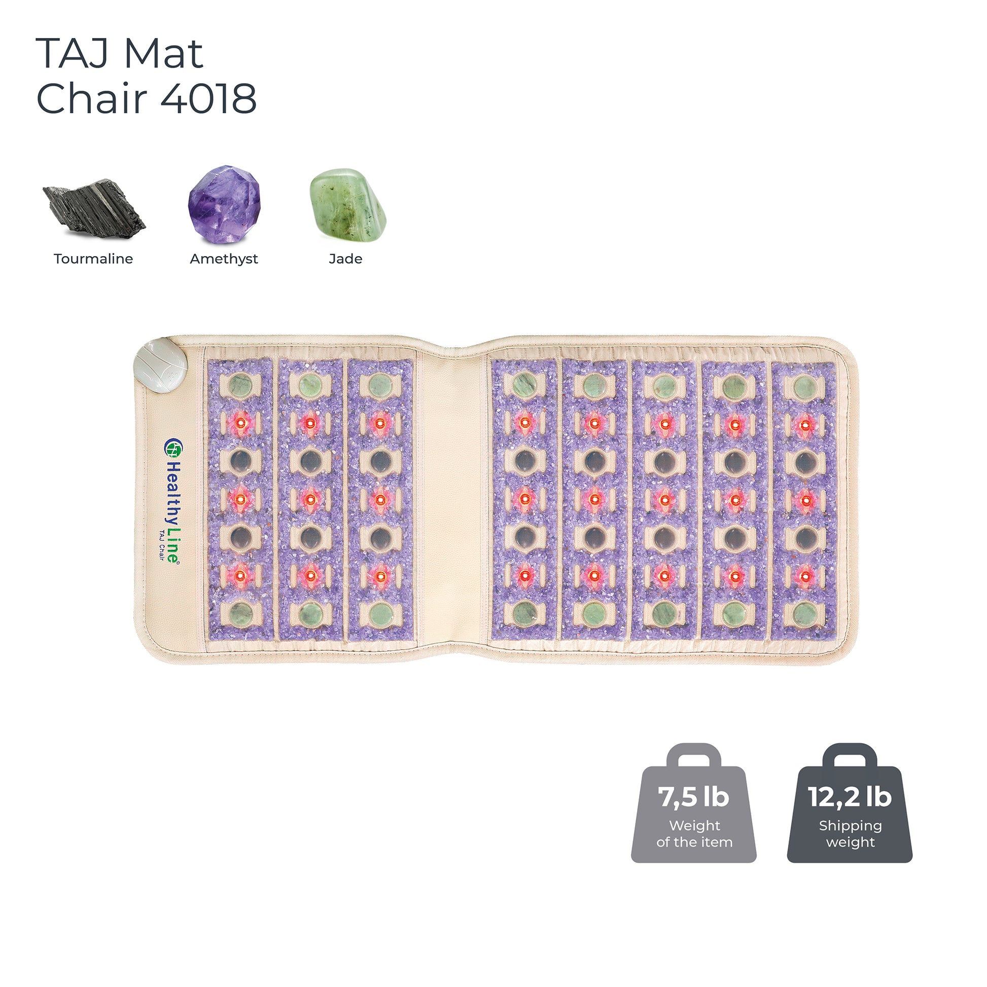 Introducing the TAJ-Mat™ Chair 4018 Firm - Photon PEMF InfraMat Pro® by HealthLine, available in elegant purple and gray. This wellness mat is embedded with tourmaline, amethyst, and jade gemstones, making it ideal for natural therapies designed to mitigate back pain. The mat itself weighs 7.5 lbs while the shipping weight totals 12.2 lbs.