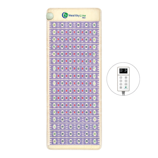 The TAJ Mat Full Pro Plus 7428 with Photon LED and PEMF by HealthyLine is a rectangular mat adorned with circular patterns in shades of purple, white, and green. It incorporates heated gemstones for deep penetrating heat and features a small control panel with buttons and a screen conveniently located on the side.