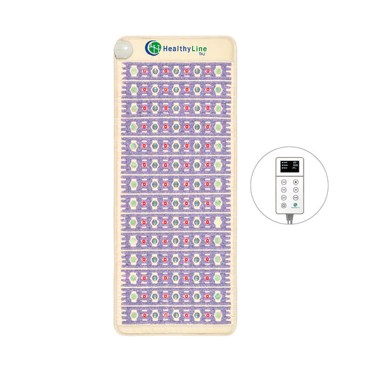 The TAJ-Mat™ Full Short 6024 Firm by HealthyLine features circular crystal disks for natural therapies and includes a digital control pad with buttons and a display screen for customized full-body therapy.