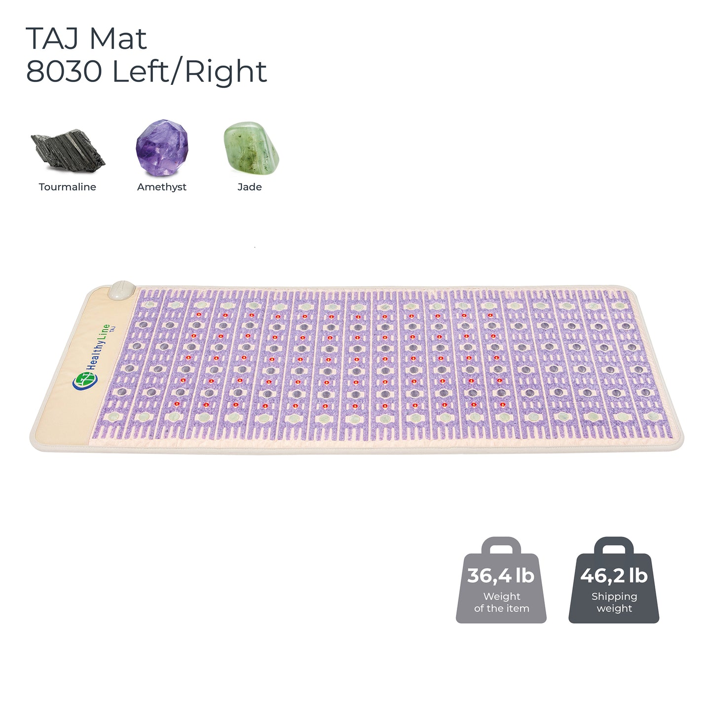 The image shows a purple HealthyLine TAJ-Mat™ Large 8030 Firm - Photon PEMF (Left) Inframat Pro® with tourmaline, amethyst, and jade stones. It weighs 36.4 lb (shipping: 46.2 lb) and features a patterned design.