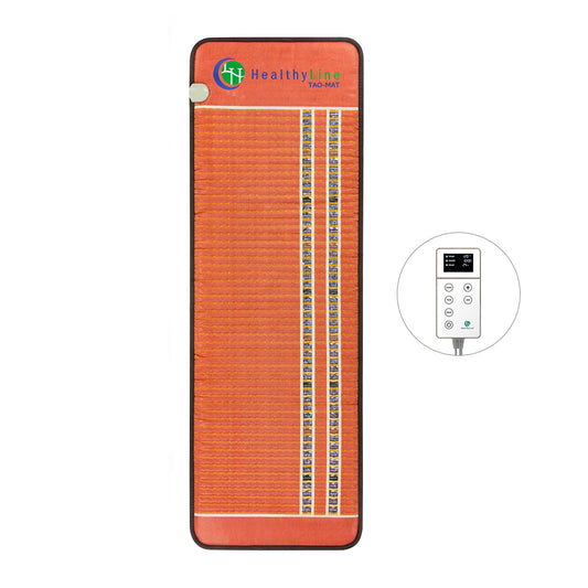 The TAO-Mat® Full 7224 Firm by HealthyLine is an orange rectangular mat with a pebble-like gemstone pattern. It features a small round control panel with buttons and a digital display, integrating far infrared technology for optimal wellness benefits.