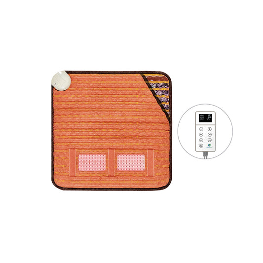 The TAO-Mat® Small 1818 – Photon Matrix PEMF InfraMat Pro® by HealthLine is an orange heating pad with a digital controller, featuring buttons and a display for adjustments. It has parallel lines, two patch sections, and a folded corner that reveals its PEMF therapy capabilities.