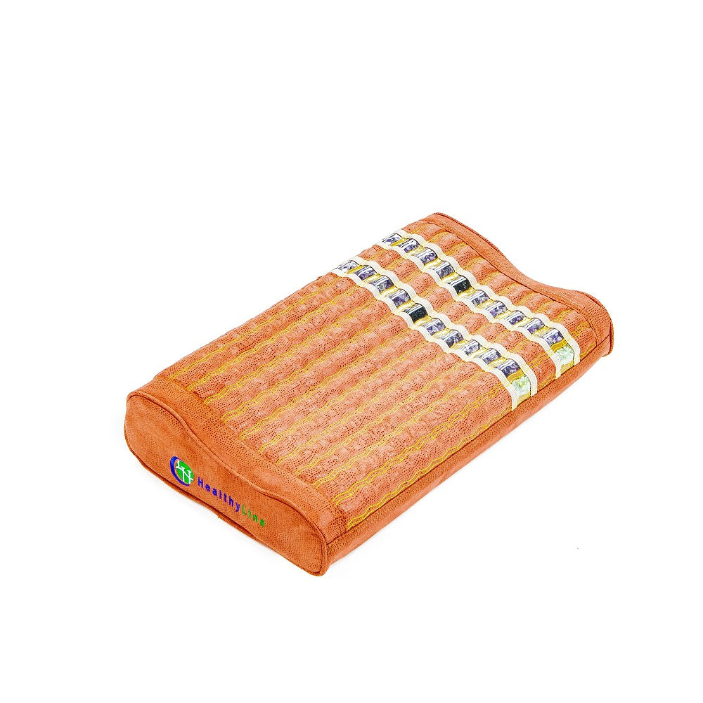The TAO-Mat® Pillow Soft InfraMat Pro® by HealthyLine is a rectangular orange massage pillow with a ribbed surface, featuring embedded amethyst stones for optimal neck support. It displays the brand name and logo on its side.