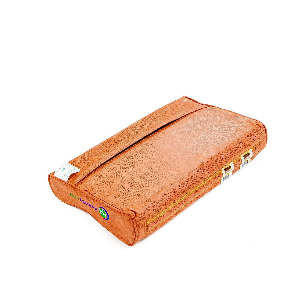 The TAO-Mat® Pillow Soft InfraMat Pro® by HealthyLine is an orange zippered pouch with textured fabric, two metal zipper pulls, colorful embroidery on one side, and an elegant amethyst hue.