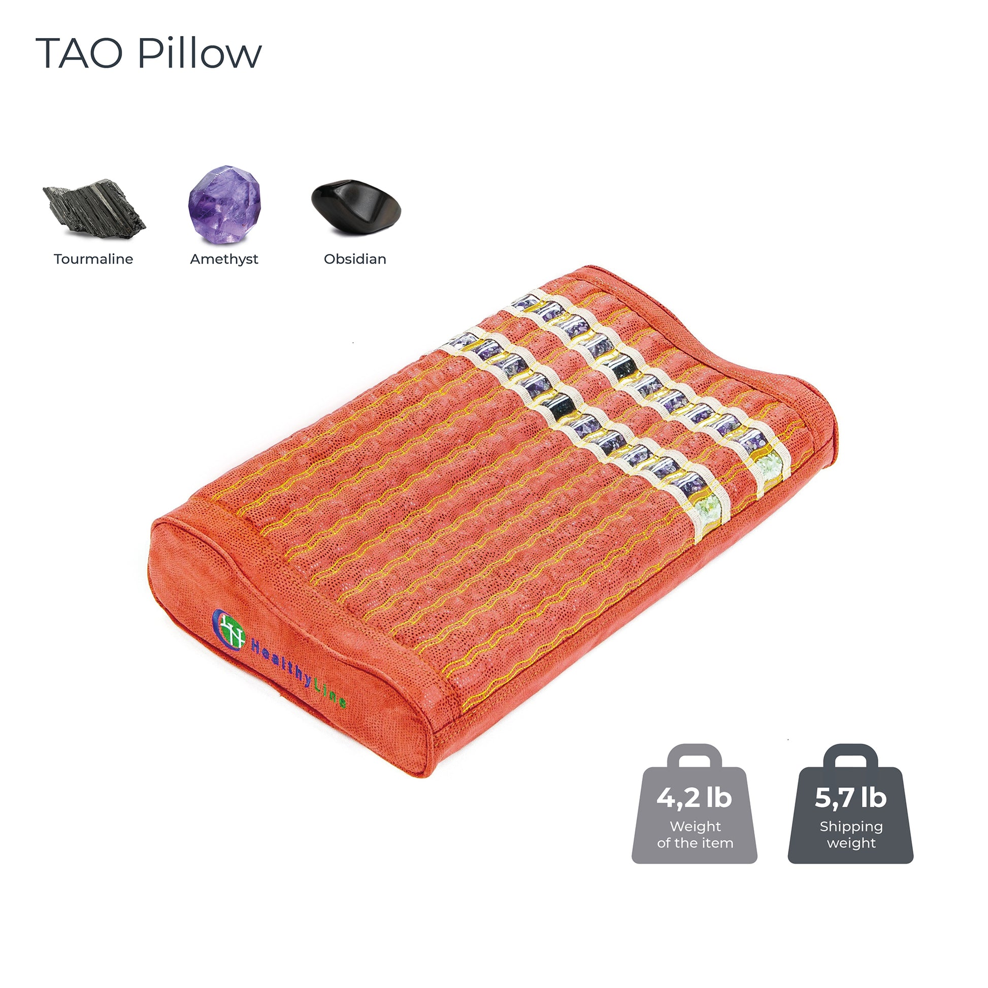An image of the TAO-Mat® Pillow Soft InfraMat Pro® by HealthyLine shows its textured surface with embedded Tourmaline, Amethyst, and Obsidian stones. This orange pillow provides excellent neck support with its rectangular patterns and memory foam design. It weighs 4.2 lbs; shipping weight is 5.7 lbs.
