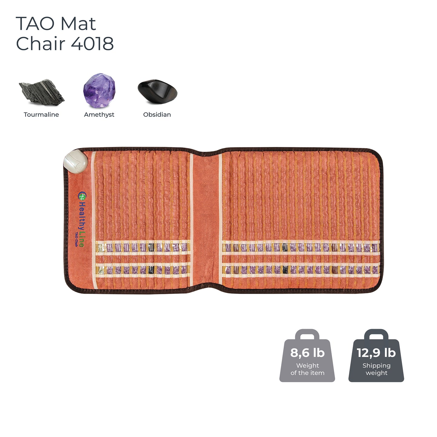The TAO-Mat® Chair 4018 Firm - PEMF InfraMat Pro® by HealthyLine features orange and brown panels with tourmaline, amethyst, and obsidian gems—ideal for back pain relief. Weight: 8.6 lb; shipping weight: 12.9 lb.
