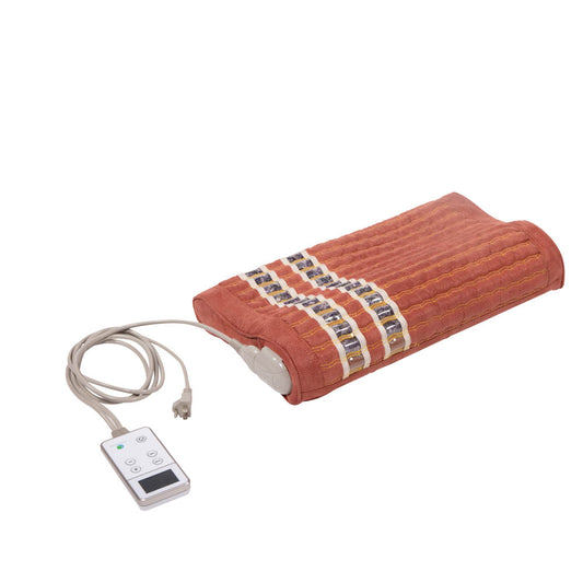 HealthLine's TAO mat Pillow with Heat is an orange heating pad featuring a textured, quilted design with rows of heated gemstones. It includes a digital control panel and power cord, providing soothing warmth and enhanced relaxation through negative ions.
