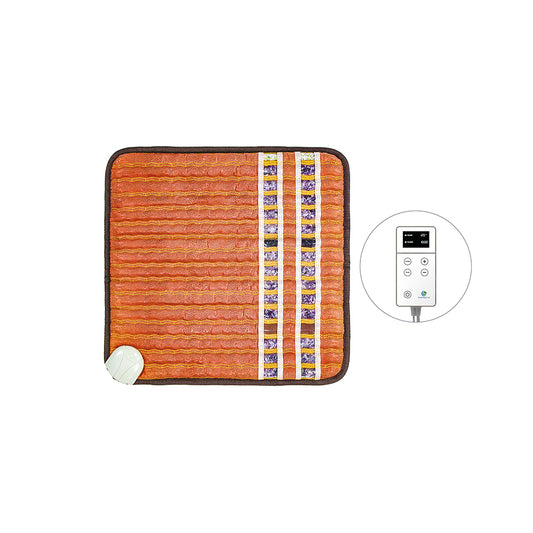 The TAO-Mat® Small 1818 Soft InfraMat Pro® by HealthLine is designed with crushed natural gemstones and comes in a warm orange color, adorned with textured horizontal lines and striped accents. It includes an attached round control unit and a digital controller featuring buttons and a small display for precise heat therapy.