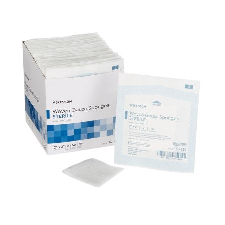 A box of McKesson Gauze Sponge, ideal for wound dressing, is shown with one sponge and a separate sealed package upfront. The box displays dimensions and quantity details on the side, enhanced by a blue checkered pattern.