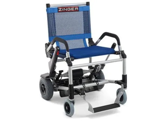 The Journey Health & Life Style Zinger Power Wheelchair in blue features mesh seating, dual lever steering, armrests, large rear wheels, small front wheels, and a footplate—designed with ADA-friendly access in mind.