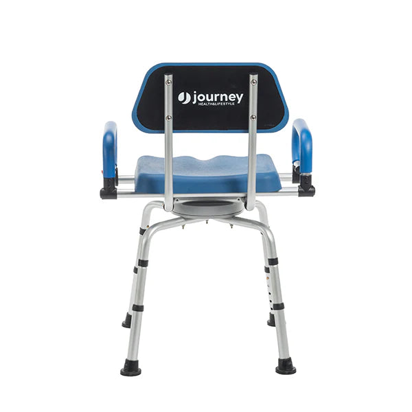 The SoftSecure Rotating Shower Chair by Journey Health & Life Style features adjustable legs, a blue seat with armrests, and a backrest. Its stable 360° rotation offers excellent support and easy movement during bathing.