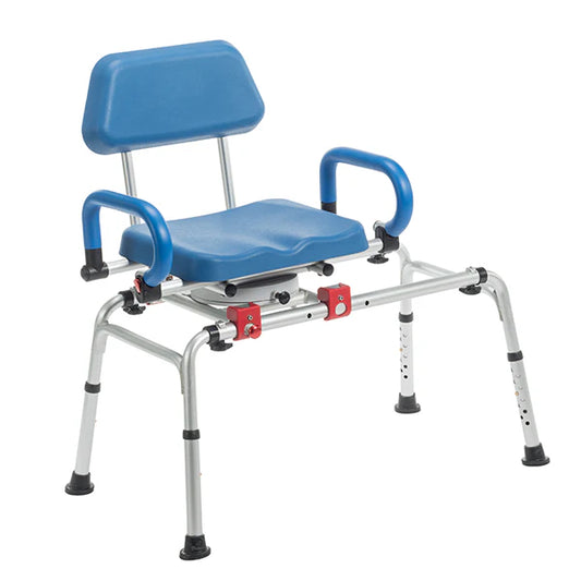 The SoftSecure Rotating Transfer Bench by Journey Health & Lifestyle is an adjustable blue bathtub chair featuring a rotating seat, backrest, and armrests designed for safety in showers. It boasts a sturdy metal frame, non-slip feet, and red adjustment levers.