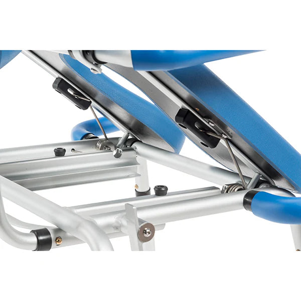 Close-up of the Softsecure Uplift Toilet Assist Commode by Journey Health & Life Style, showing its adjustable metal frame and blue padded sections—ideal for safe bathroom and toilet assistance.