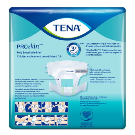 TENA Super Briefs, formerly TENA ProSkin, feature advanced ProSkin technology and enhanced absorbency. The blue and white packaging highlights triple protection for dryness with quick absorption and instructional icons at the bottom.