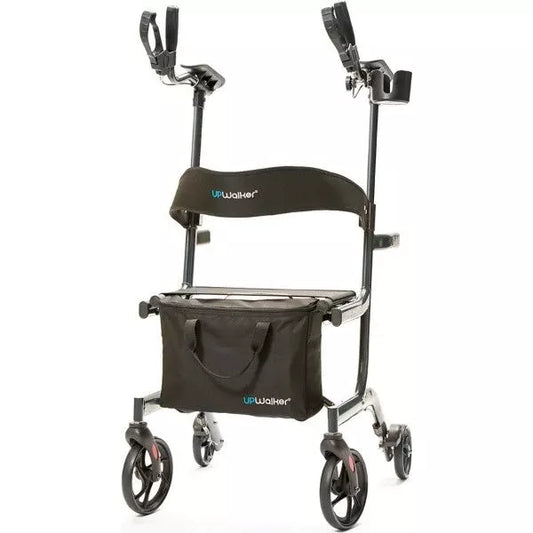 The UpWalker l100 Lite by Journey Health & Life Style is a black upright walker with four wheels, padded seat and backrest, storage bag under the seat, and handlebars with armrests and brake handles.