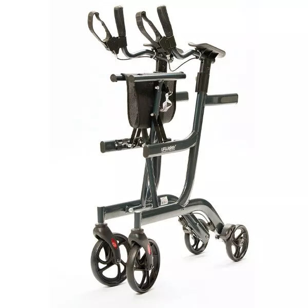 The UpWalker l100 Lite by Journey Health & Life Style is a black upright walker with four wheels, ergonomic armrests, hand brakes, and a storage pouch, offering excellent stability and support for users on the go.